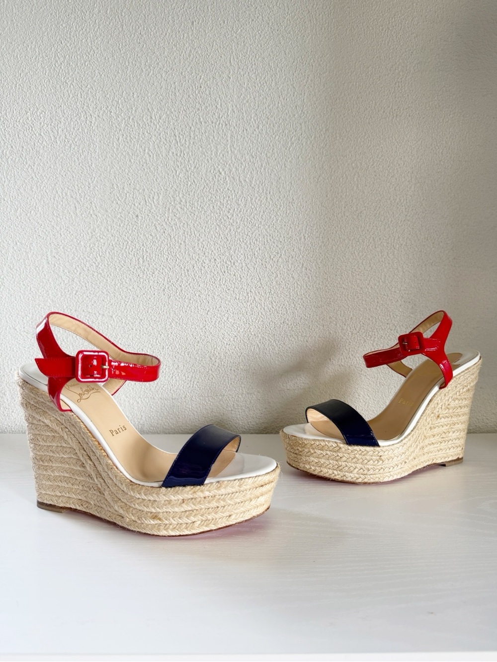 Christian Louboutin Spachica Red White Blue Leather Espadrille Wedges EU 39